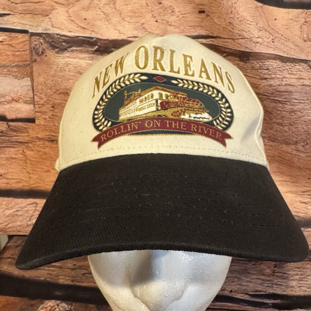 New Orleans Hat Rollin' On The River Steamboat Cap Snapback Cream Black Vintage
